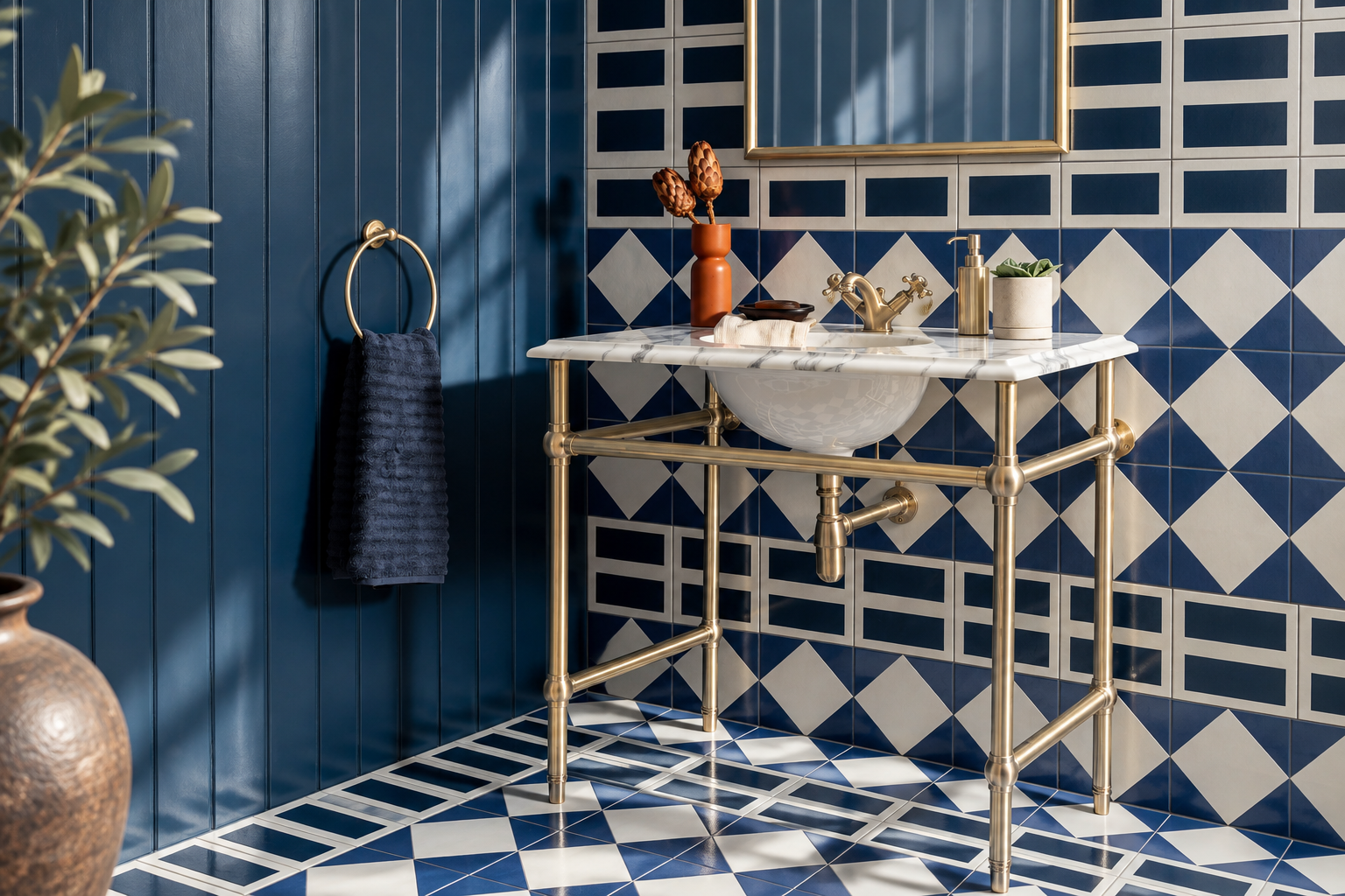Luxury powder room in Dubai with marble vanity and handcrafted Brass bathroom fittings