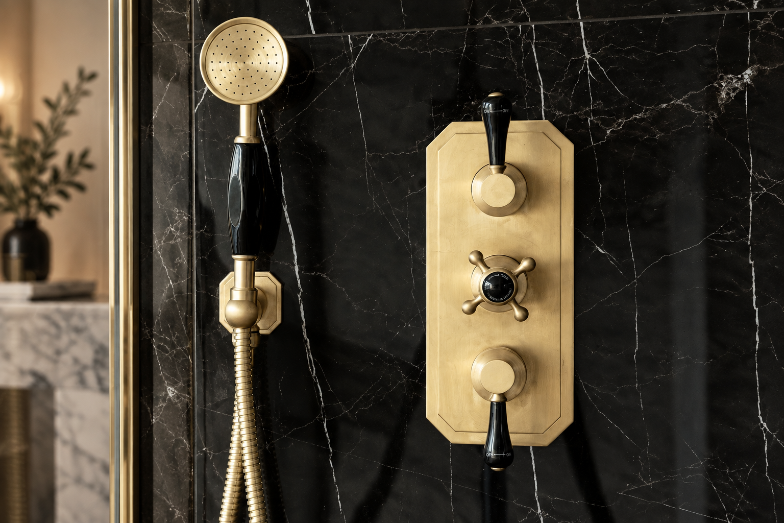 Luxury walk-in shower in Dubai with handcrafted Brass shower fittings and natural marble