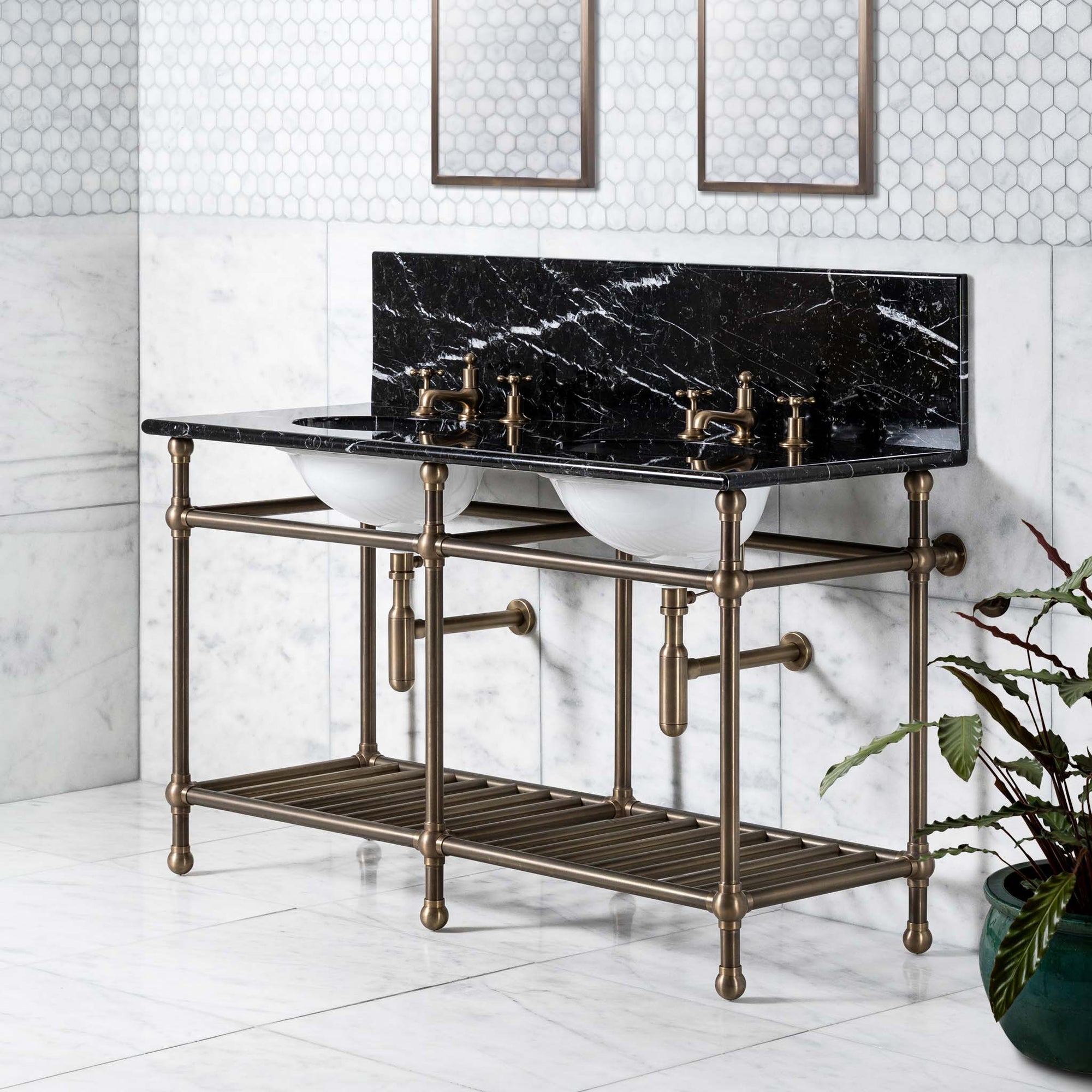 Westminster Double Vanity Suite (Inc. Marble Top, Upstand, Brass Rack & Basins) - Rutland London (UAE)