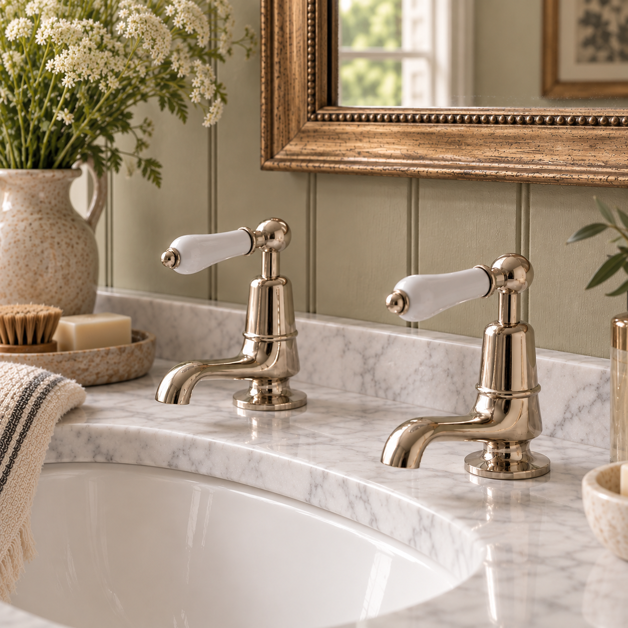 Brunswick White Ceramic Lever Basin Pillar Taps - Rutland London (UAE)