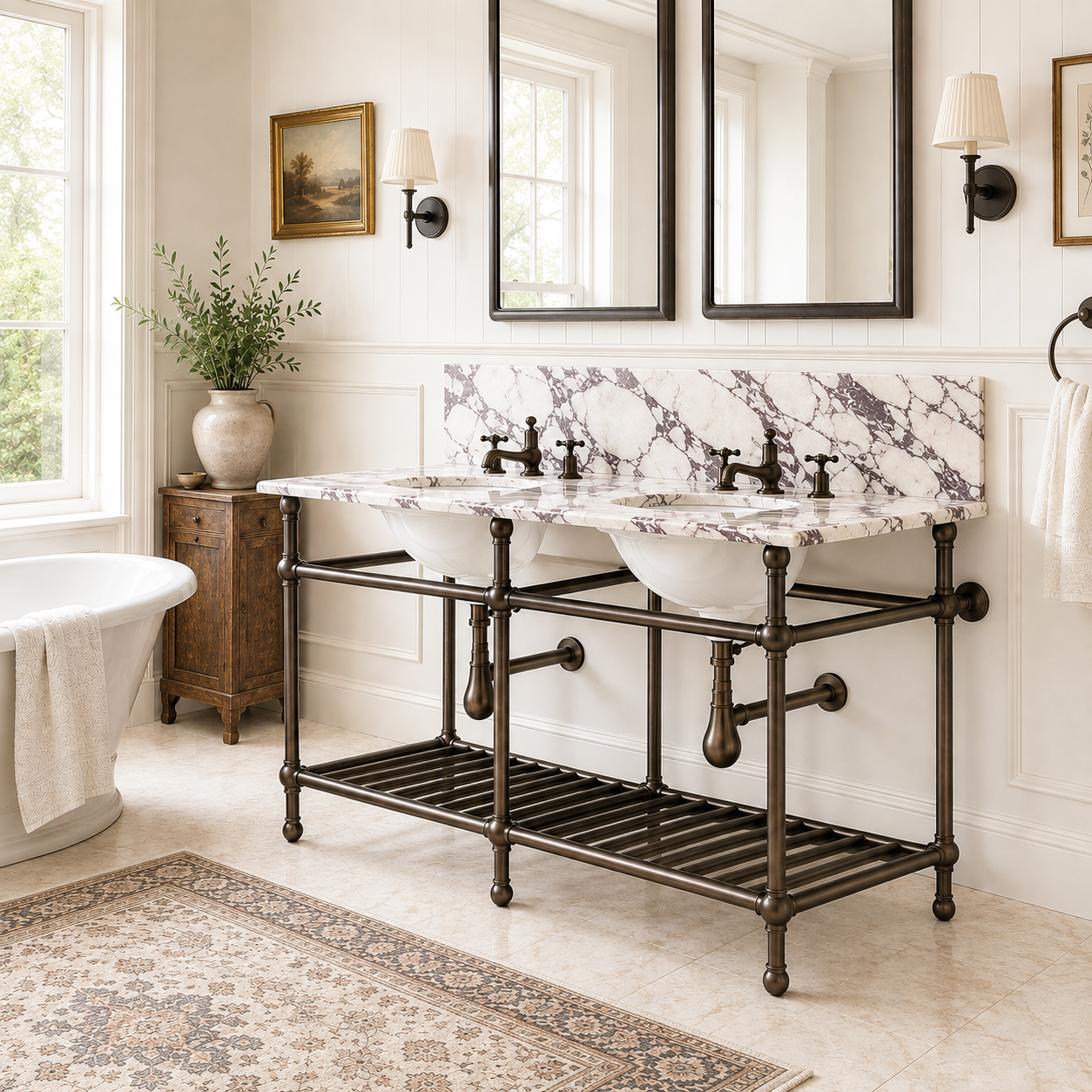 Cadogan Double Vanity Suite (Inc. Marble Top, Upstand, Brass Rack & Basins) - Rutland London (UAE)