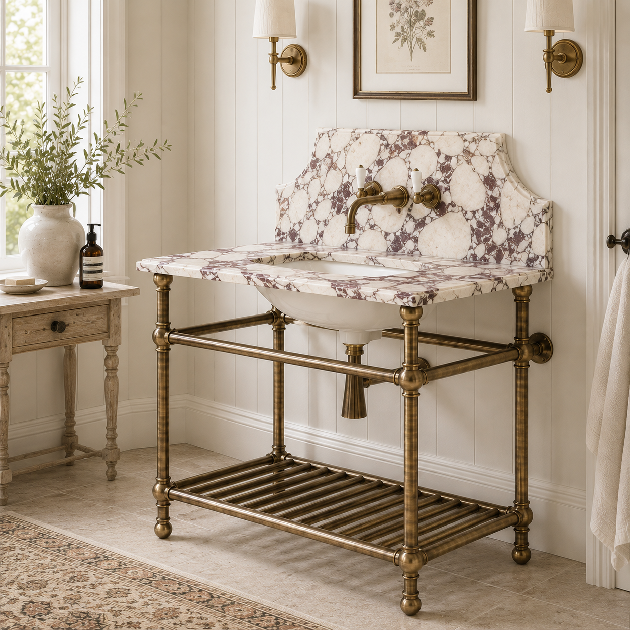 Cadogan Single Vanity Suite (Inc. Marble Top, Upstand, Brass Rack & Basin) - Rutland London (UAE)