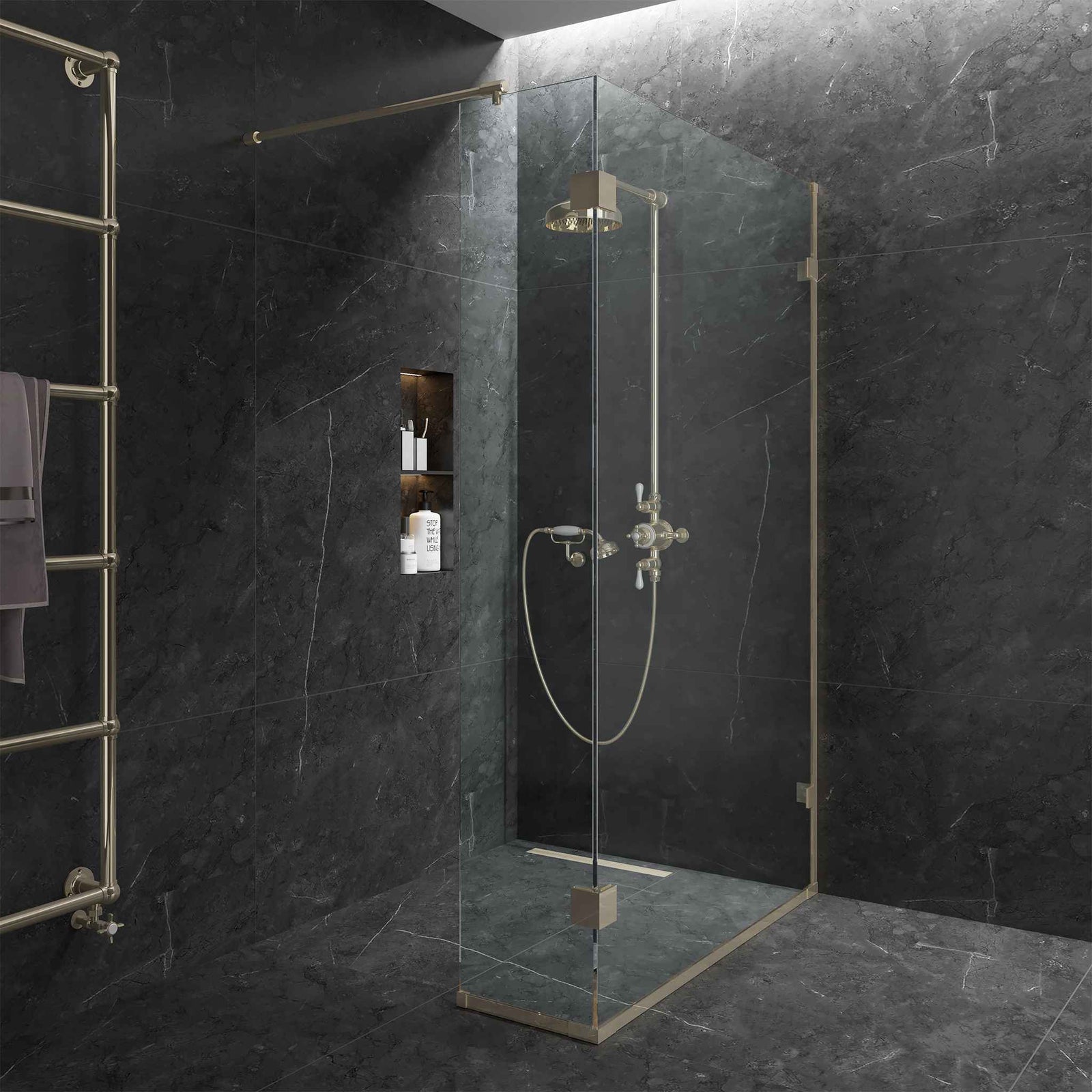 Smithfield Semi-Frameless Brass Wet Wall Panel - Rutland London (UAE)