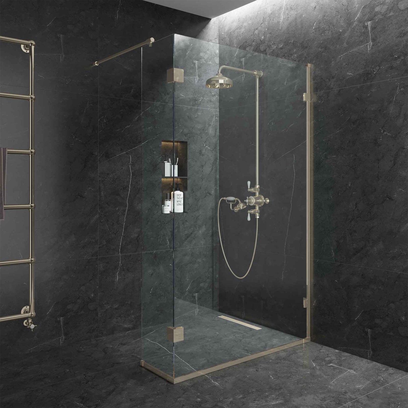 Smithfield Semi-Frameless Brass Wet Wall Panel - Rutland London (UAE)