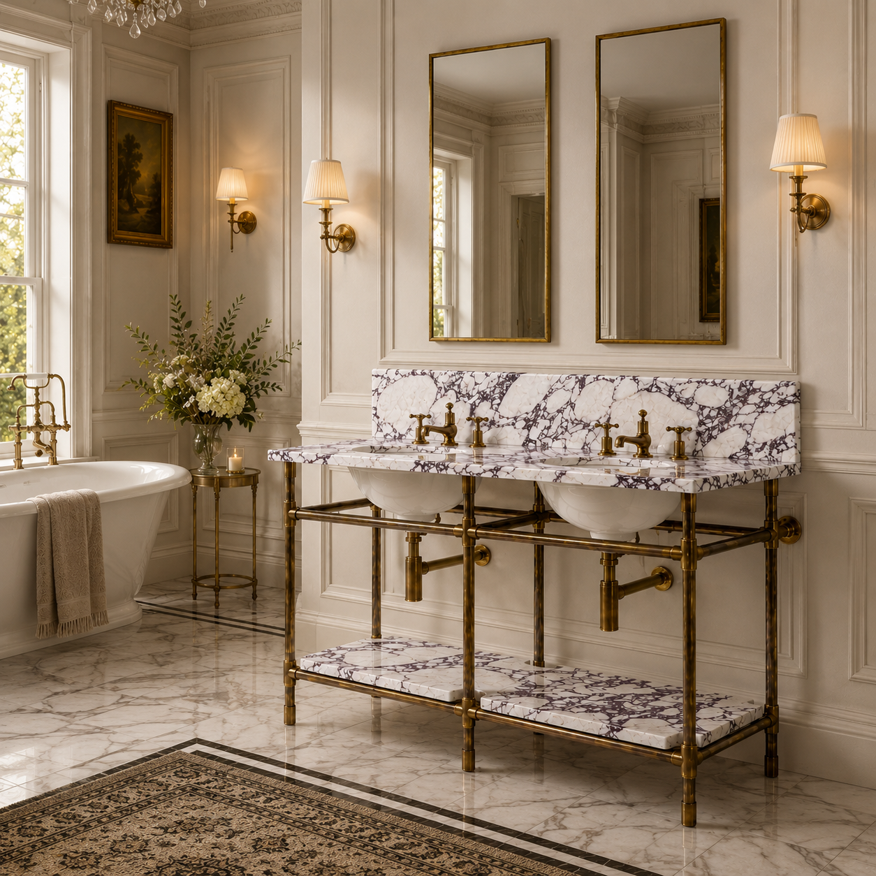 Franklin Double Vanity Suite (Inc. Marble Top, Upstand, Shelf & Basins) - Rutland London (UAE)