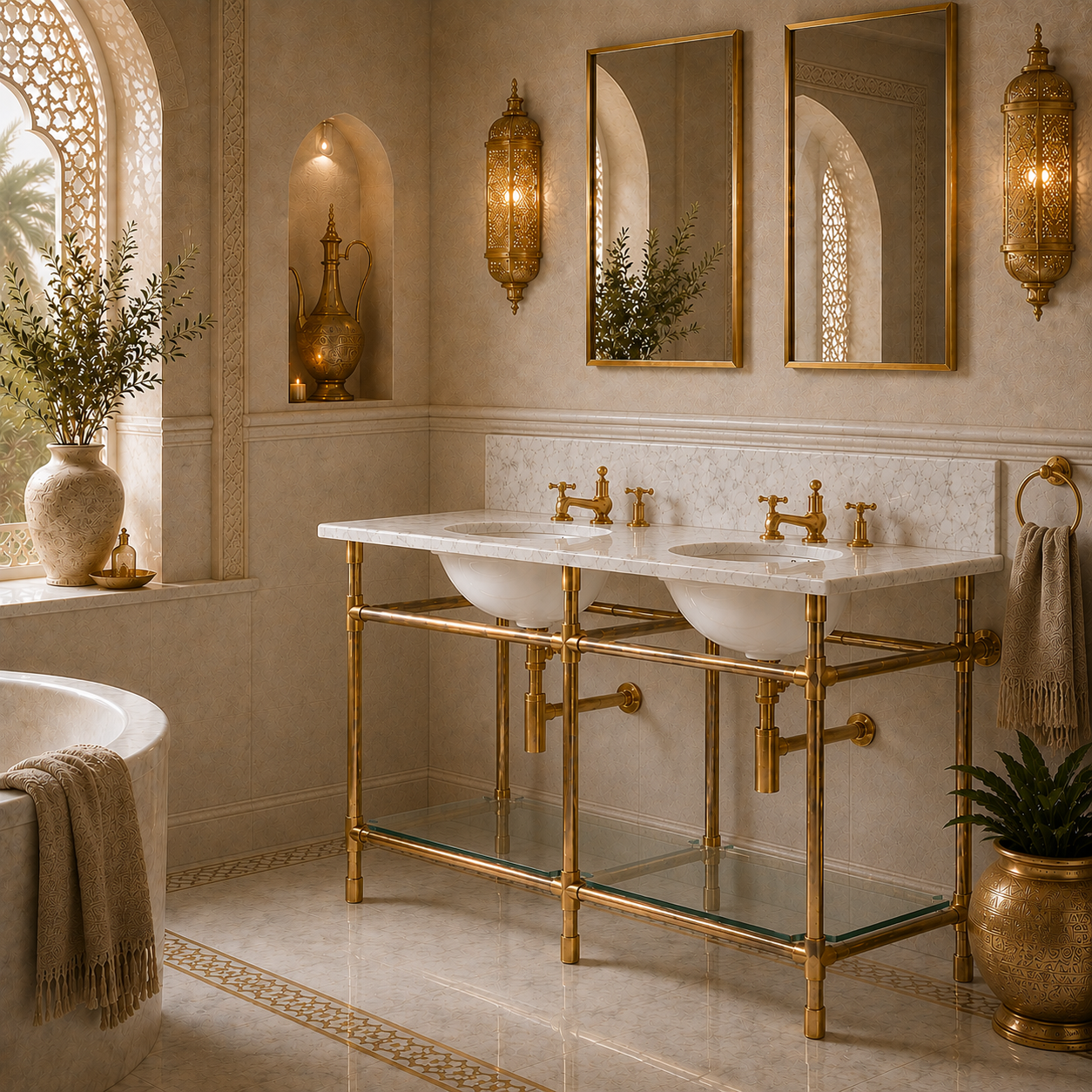Orchard Double Vanity Suite (Inc. Marble Top, Upstand, Glass Shelf & Basins) - Rutland London (UAE)