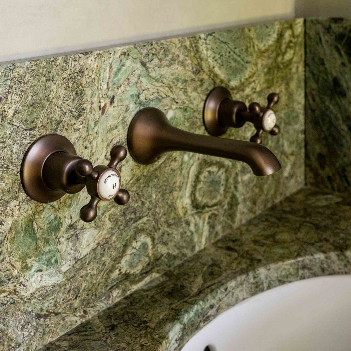 Norton White Ceramic Crosshead Wall Mounted Three Hole Basin Mixer - Rutland London (UAE)