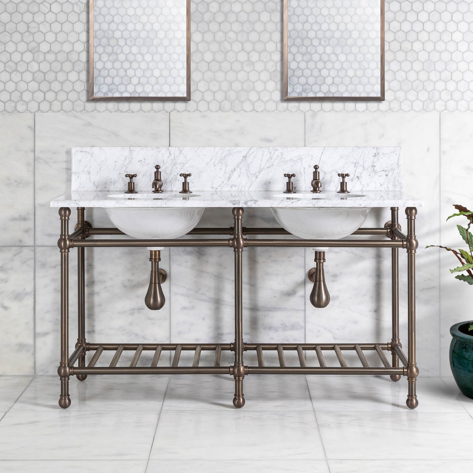 Cadogan Double Vanity Suite (Inc. Marble Top, Upstand, Brass Rack & Basins) - Rutland London (UAE)