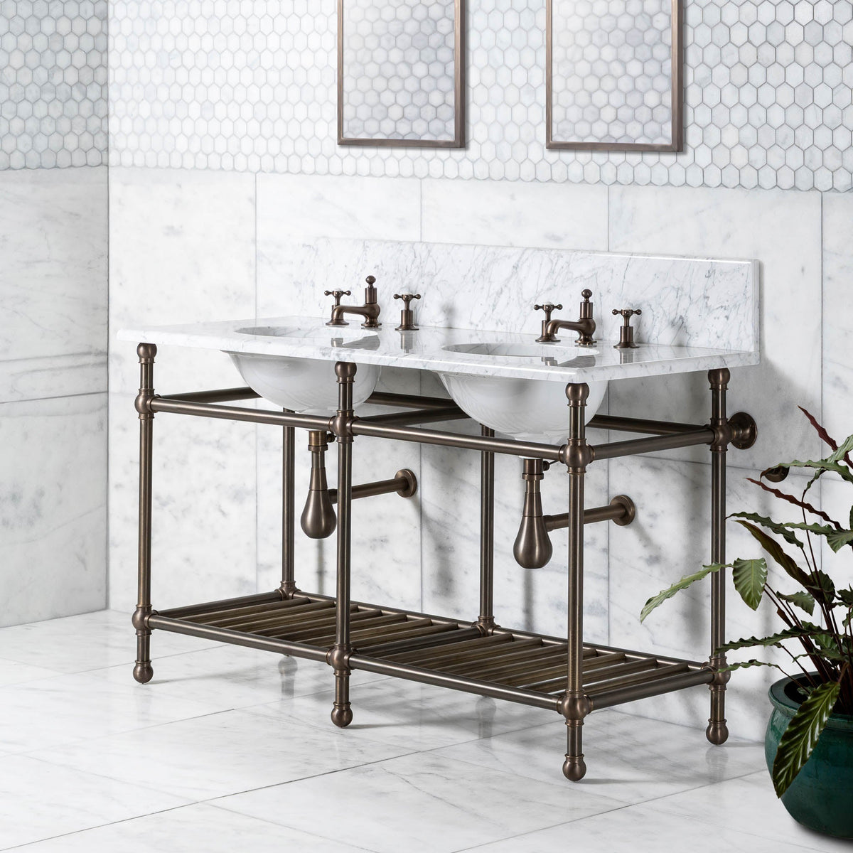 Cadogan Double Vanity Suite (Inc. Marble Top, Upstand, Brass Rack & Basins) - Rutland London (UAE)