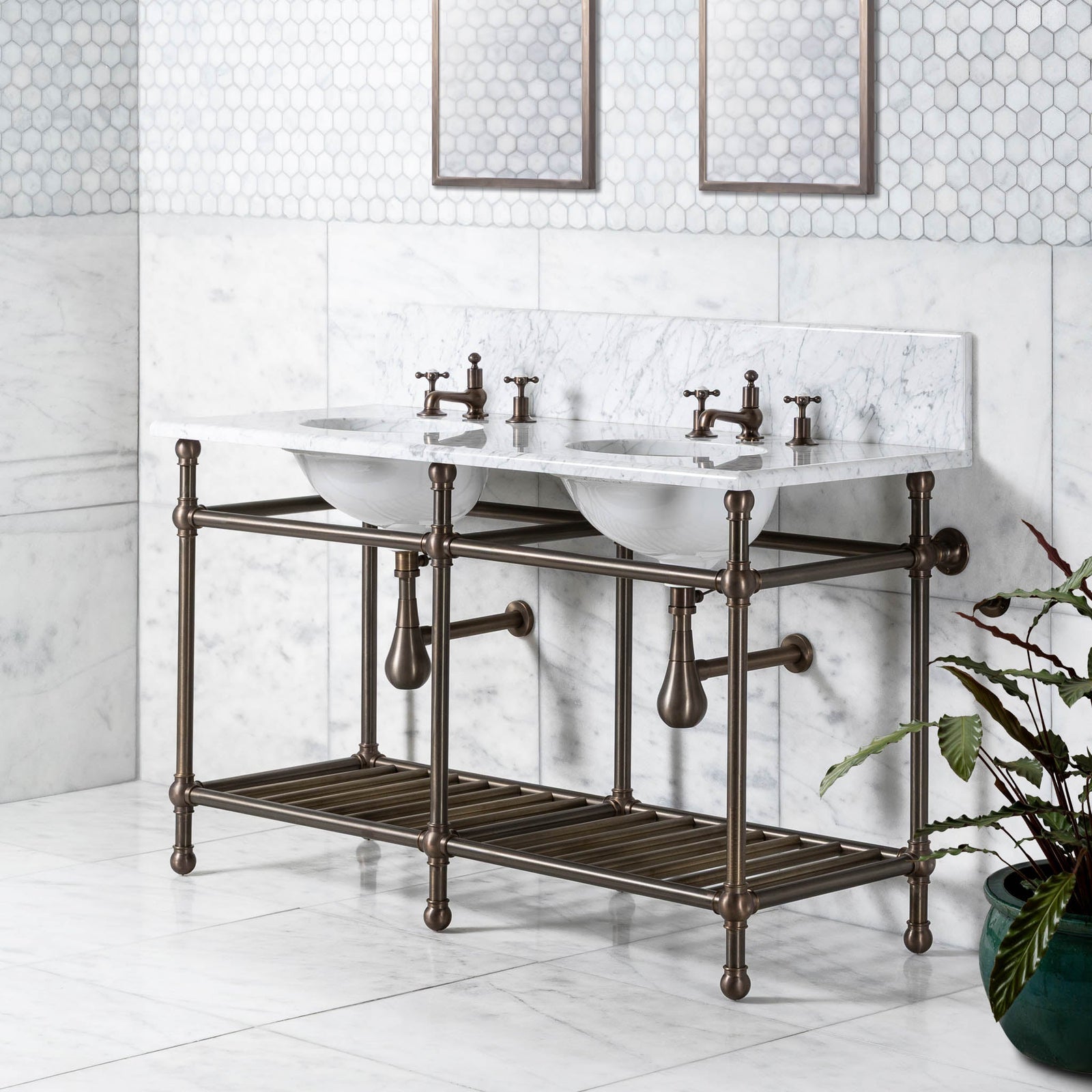 Cadogan Double Vanity Suite (Inc. Marble Top, Upstand, Brass Rack & Basins) - Rutland London (UAE)