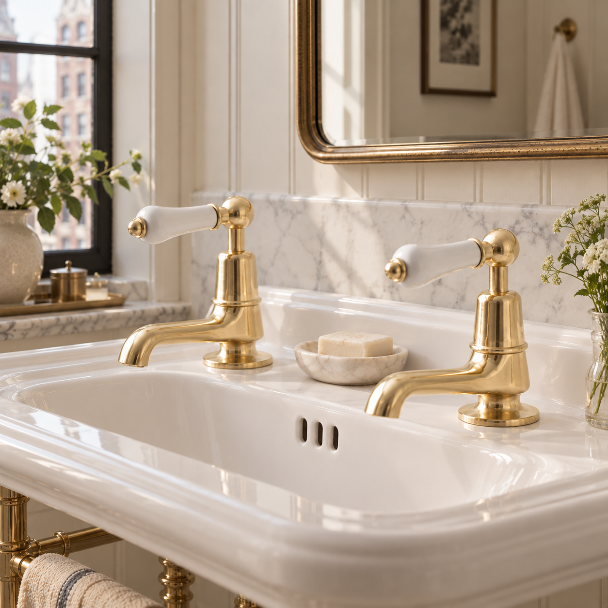 Tavistock Long Nose White Ceramic Lever Basin Pillar Taps - Rutland London (UAE)
