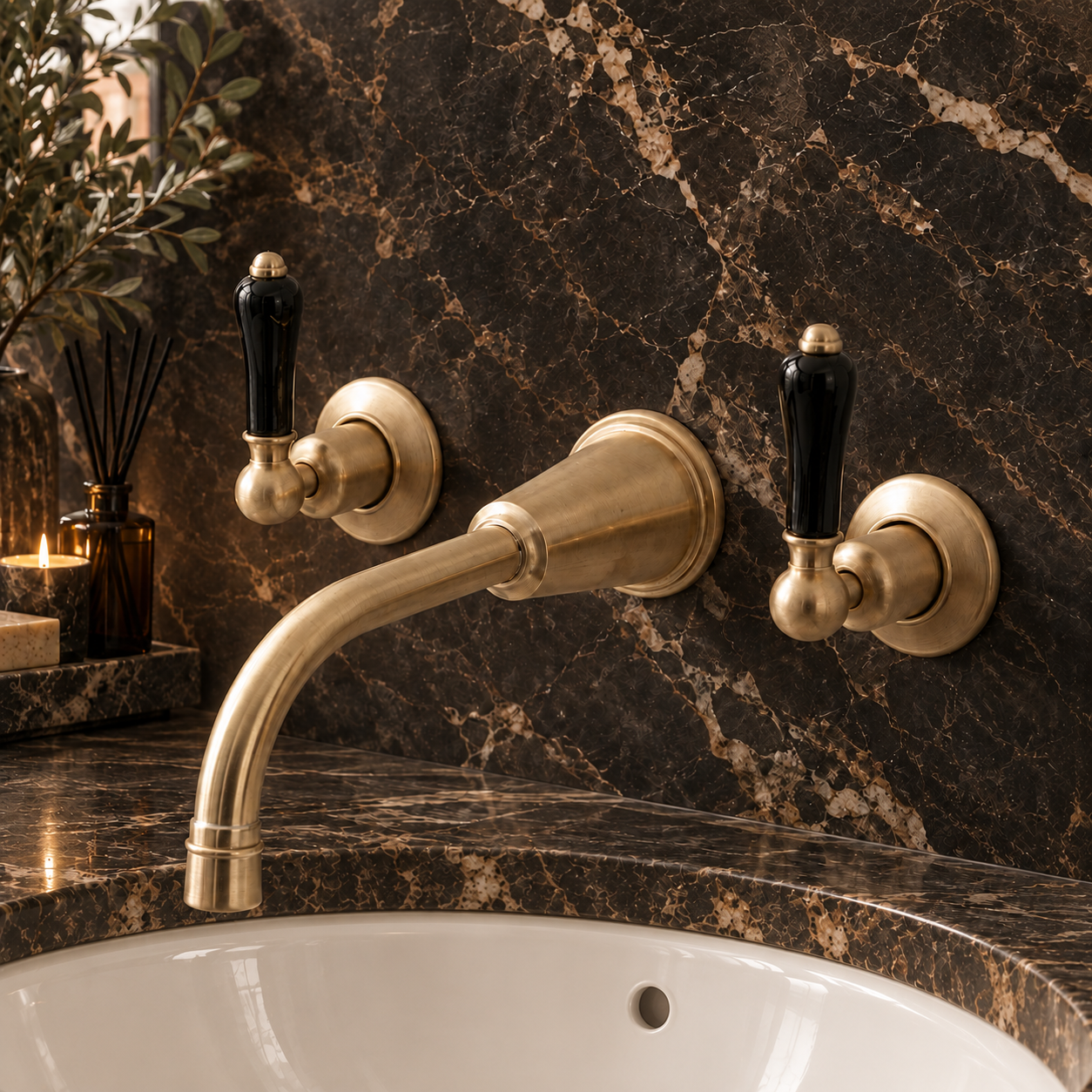 Uppingham Black Ceramic Lever Wall Mounted Three Hole Basin Mixer - Rutland London (UAE)