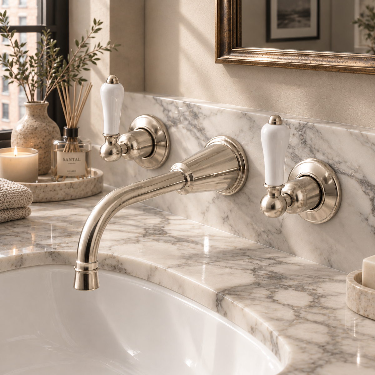 Uppingham White Ceramic Lever Wall Mounted Three Hole Basin Mixer - Rutland London (UAE)