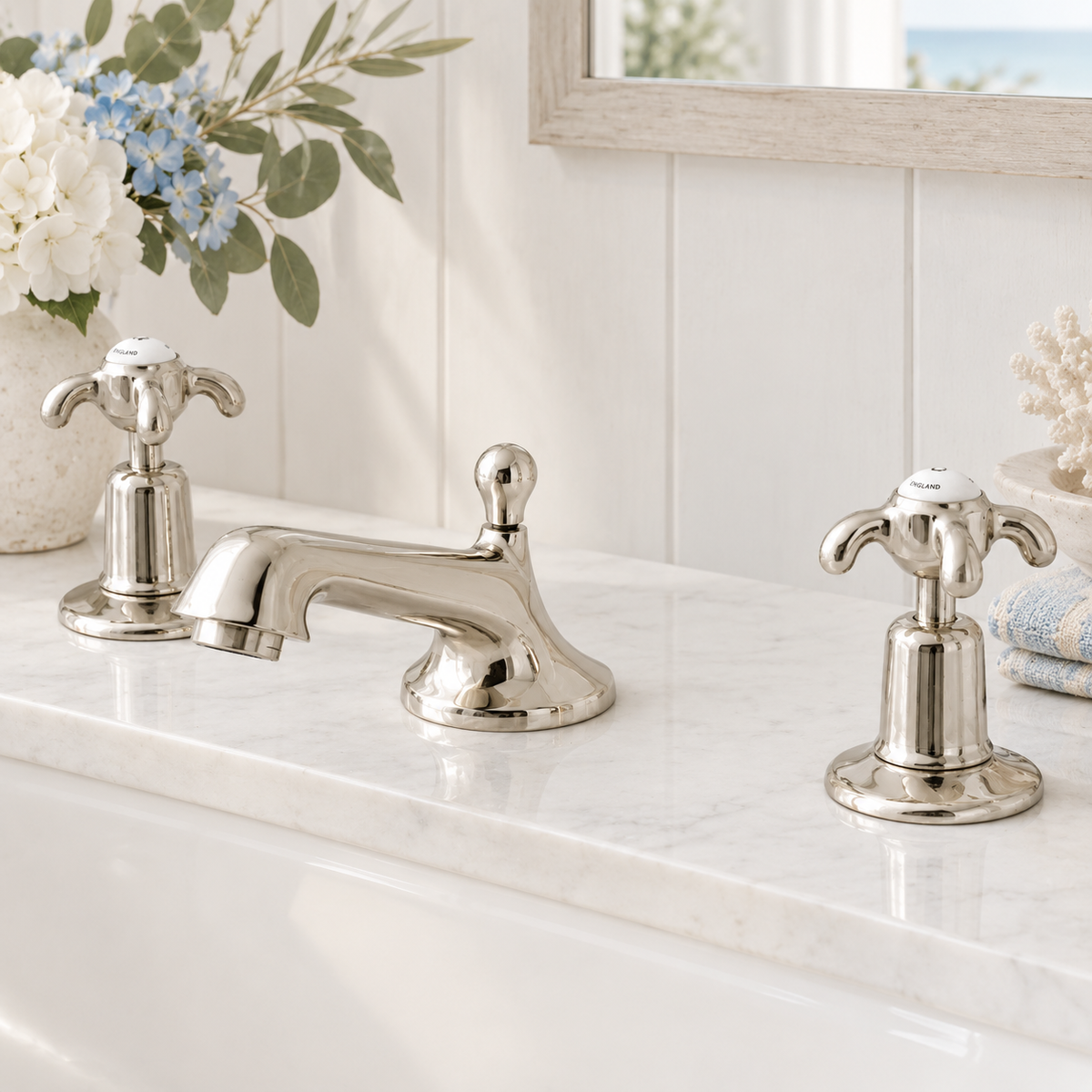 Westcroft White Ceramic Crosshead Three Hole Basin Mixer - Rutland London (UAE)