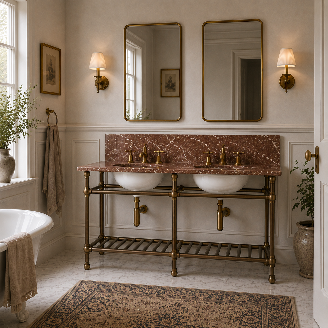 Westminster Double Vanity Suite (Inc. Marble Top, Upstand, Brass Rack & Basins) - Rutland London (UAE)